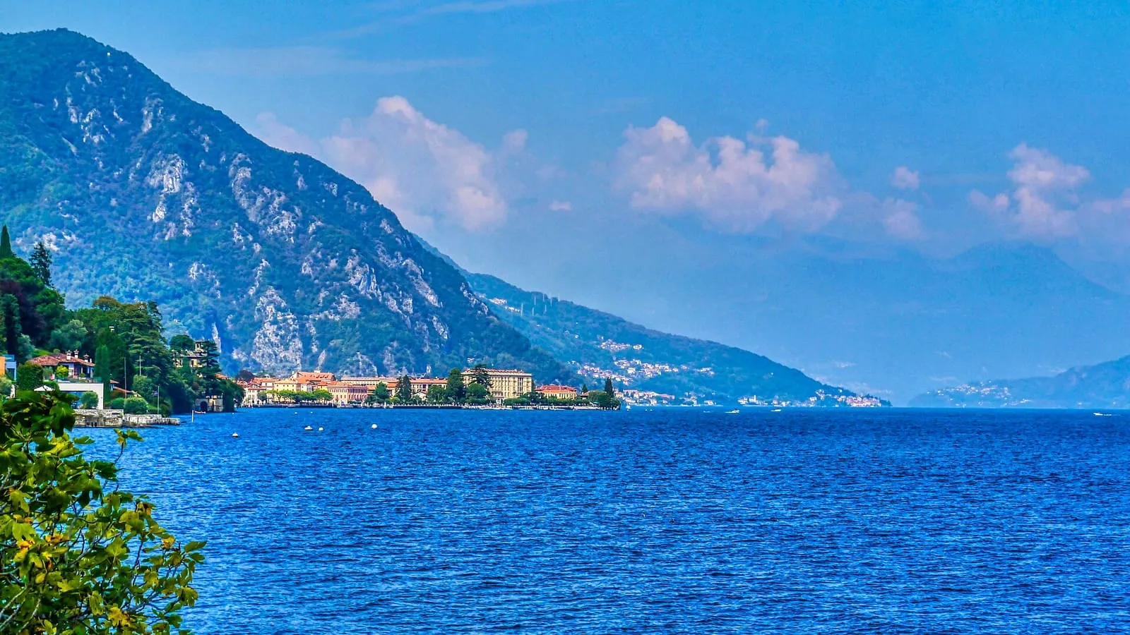 Lake Como seen from Griante on the western shore, with villages along the shoreline and mountains beyond