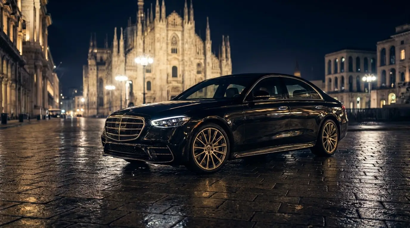 Black Mercedes S-Class at night in front of Milan's Duomo cathedral, representing NexDriver's private chauffeur service